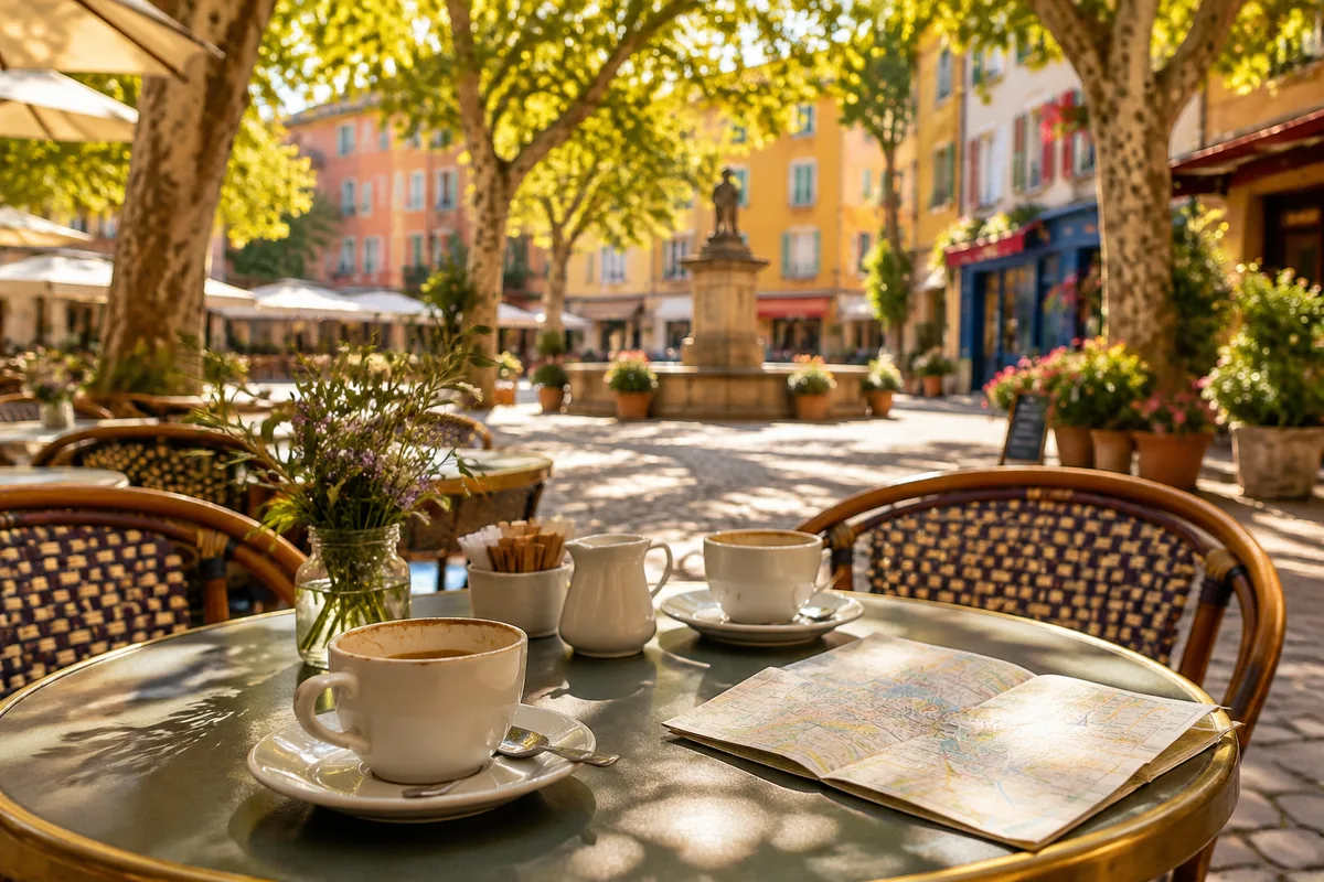 A sun-drenched European café terrace with bistro tables, coffee cups, and a folded map, surrounded by cobblestones and colorful storefronts bathed in warm golden afternoon light.