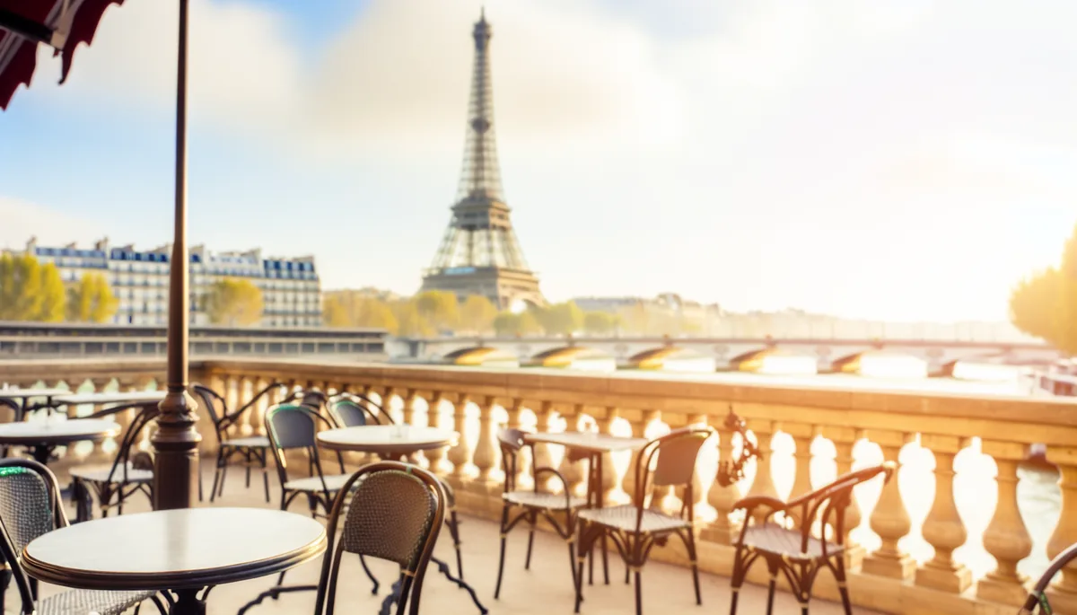 Charming Parisian café terrace with view of the Seine River and Eiffel Tower in soft focus during golden hour