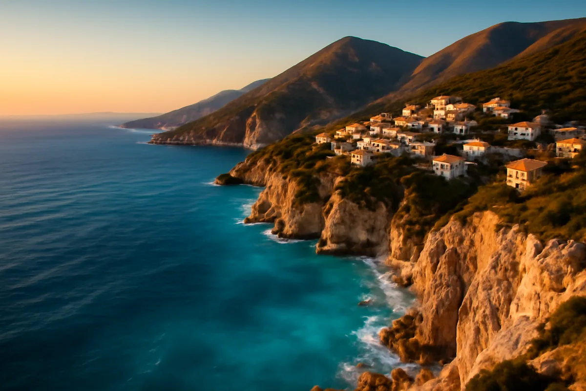 Panoramic view of the Albanian Riviera coastline featuring turquoise Ionian Sea waters, dramatic limestone cliffs, and a traditional whitewashed hillside village bathed in golden hour light.