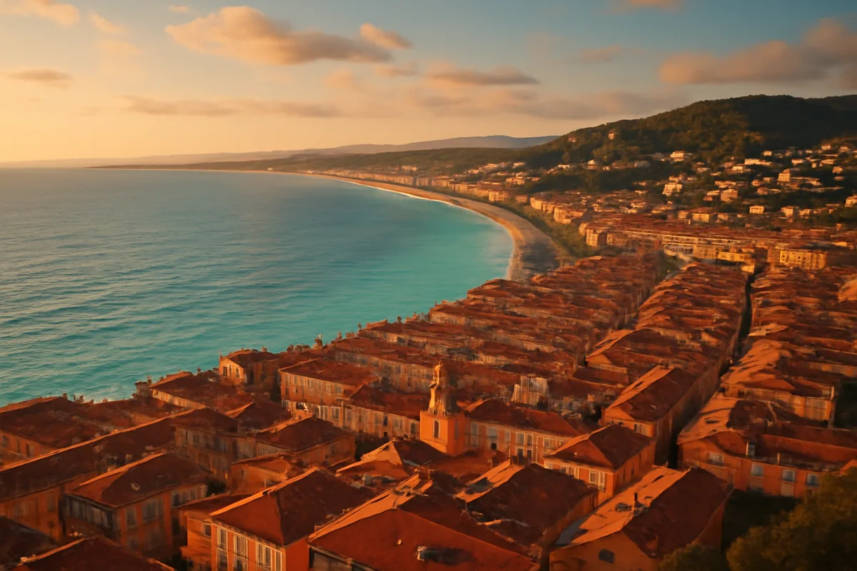 Aerial view of a sunny Mediterranean coastal city with terracotta rooftops, white villas, and turquoise sea at golden hour