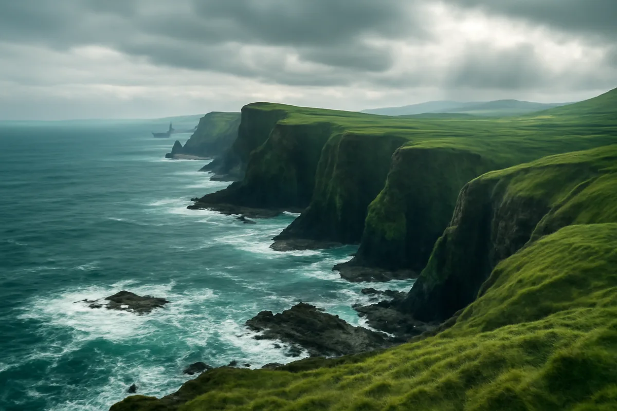 Dramatic Irish coastal cliffs with emerald green rolling hills meeting the wild Atlantic Ocean under a moody sky with rays of sunlight breaking through clouds.
