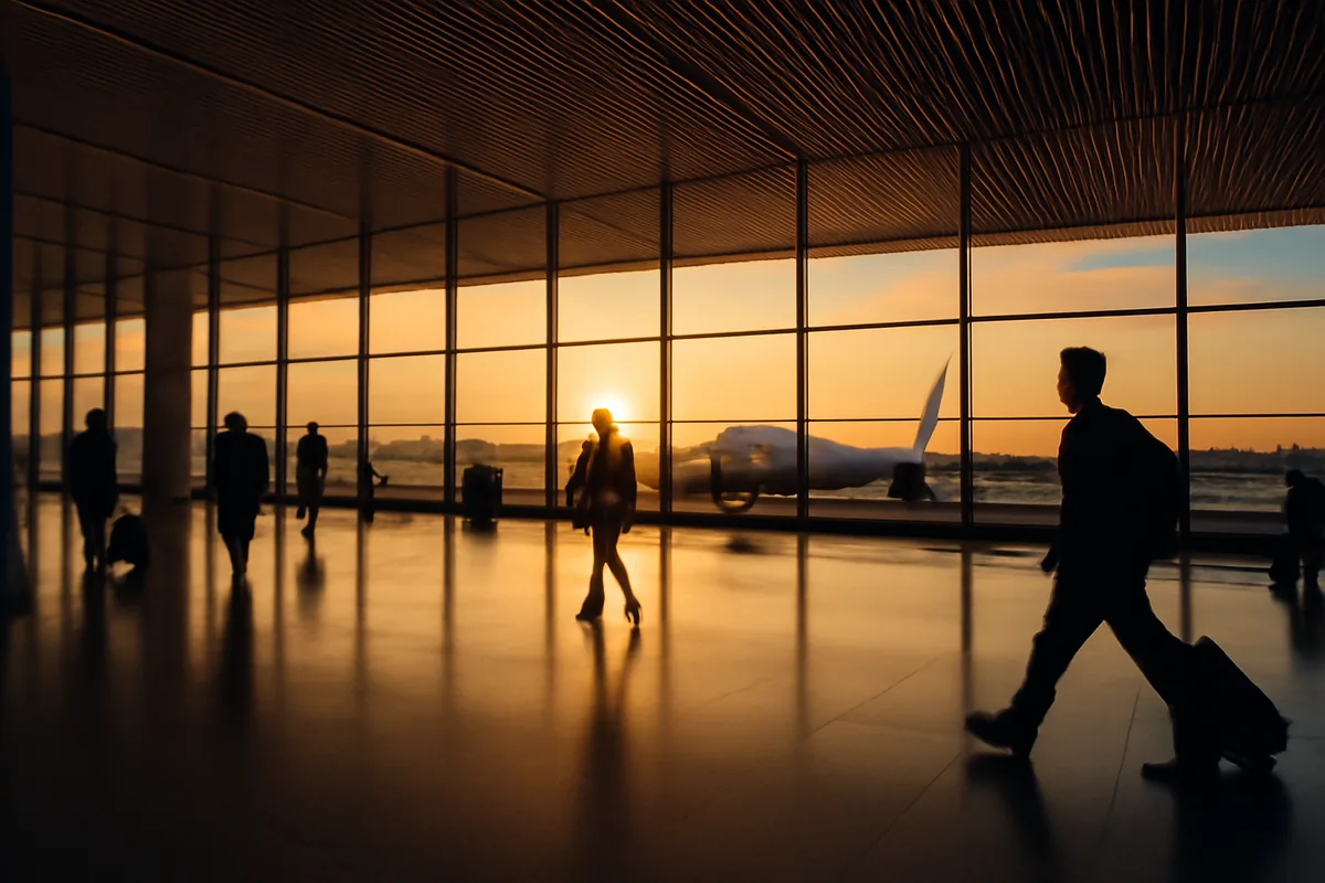 A modern international airport terminal at golden hour, with large windows overlooking aircraft on the tarmac and silhouetted travelers walking through the bright, airy concourse.