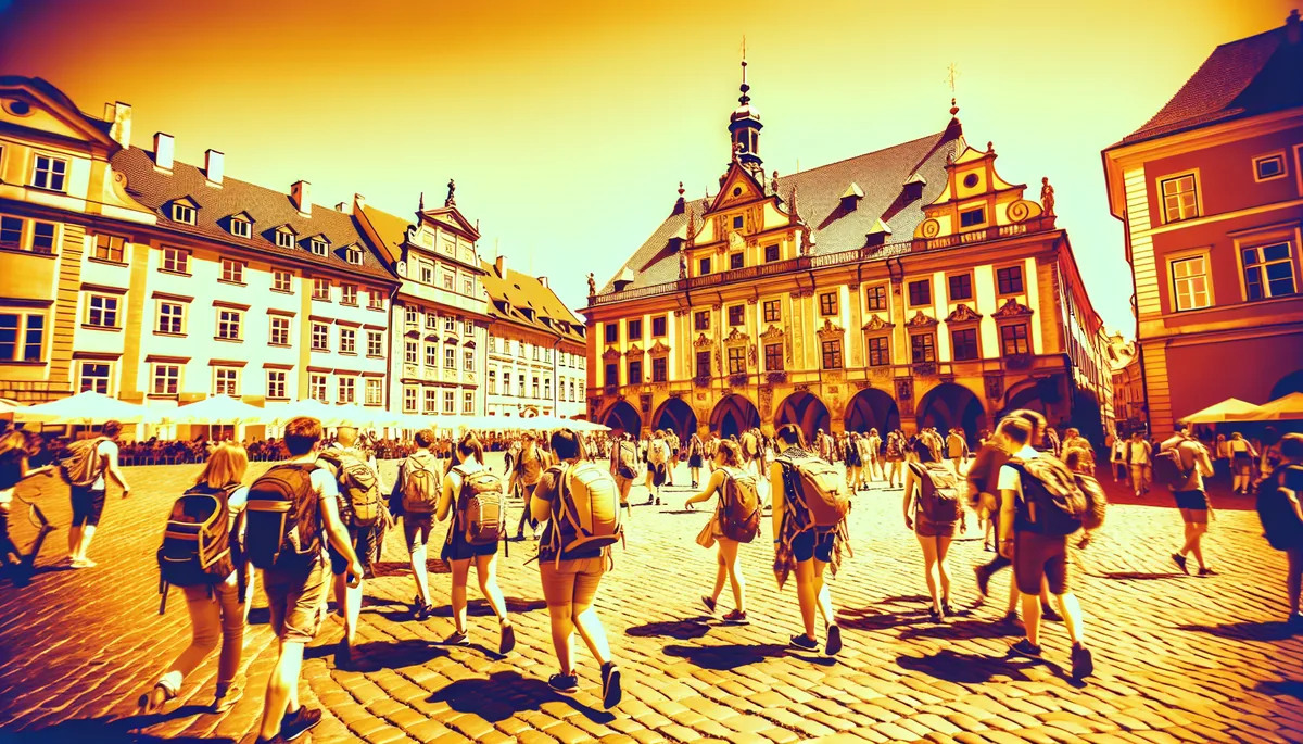 Travelers with backpacks exploring a historic European city square with beautiful architecture and cobblestone streets in warm afternoon light