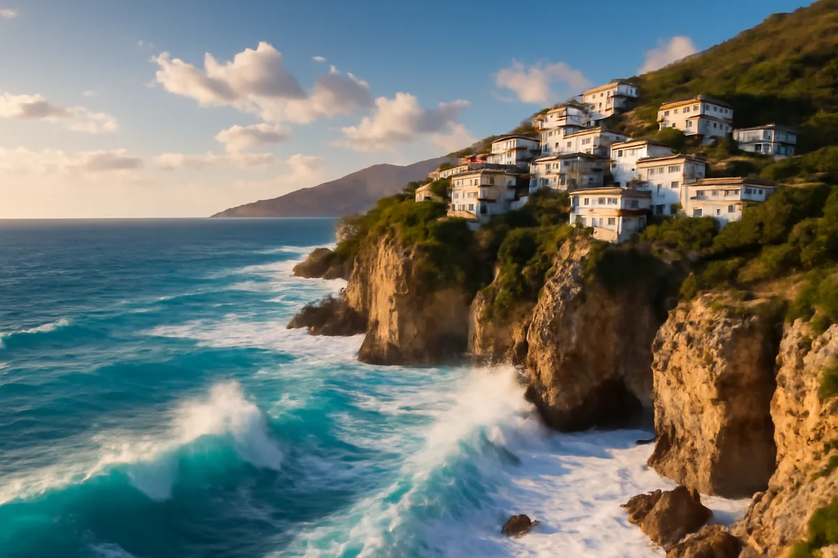 Panoramic view of the Albanian Riviera coastline featuring turquoise waters, dramatic cliffs, and a traditional hillside village bathed in golden hour light