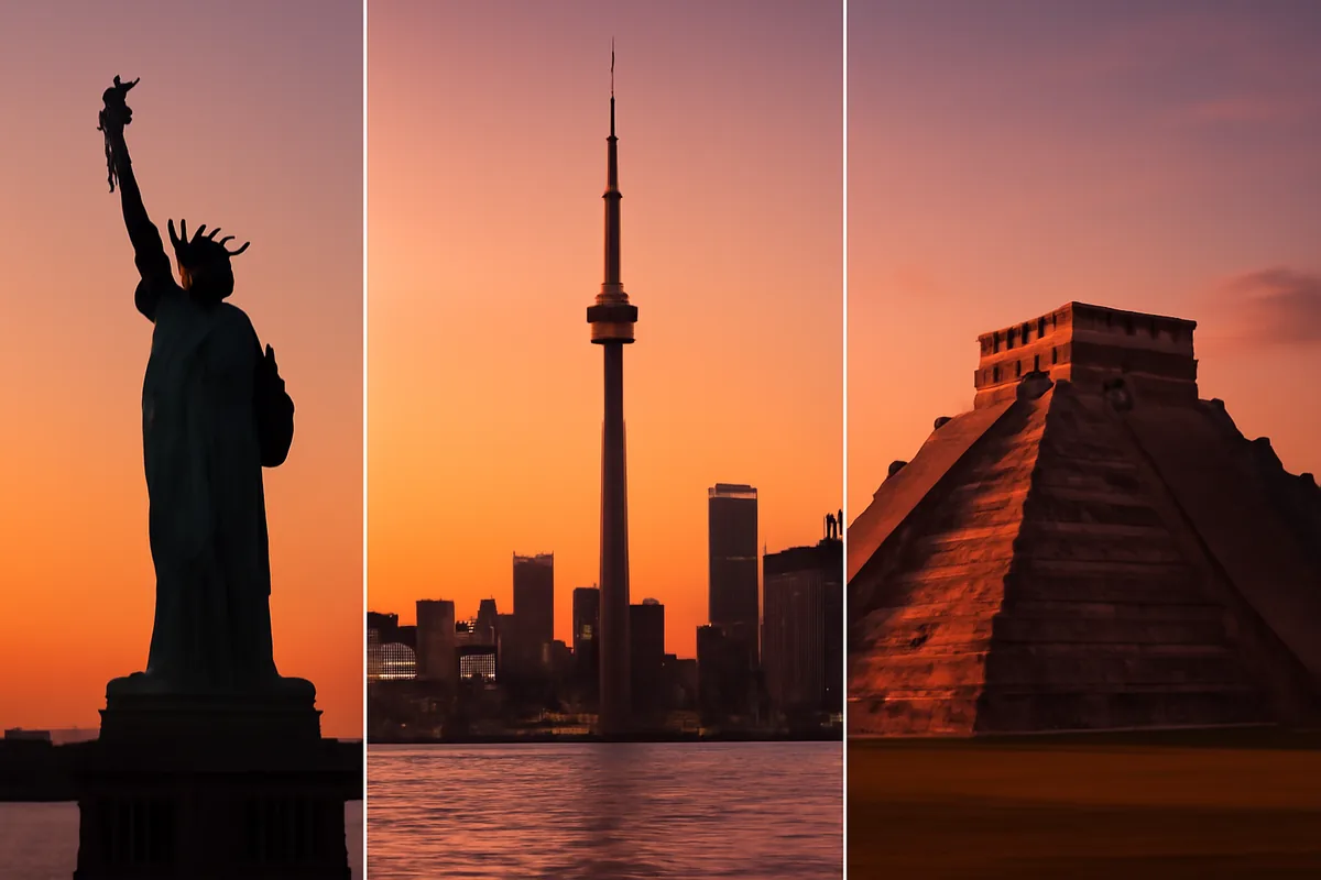 Panoramic view combining iconic landmarks from USA, Canada, and Mexico including the Statue of Liberty, Toronto skyline, and Mayan pyramid at golden hour