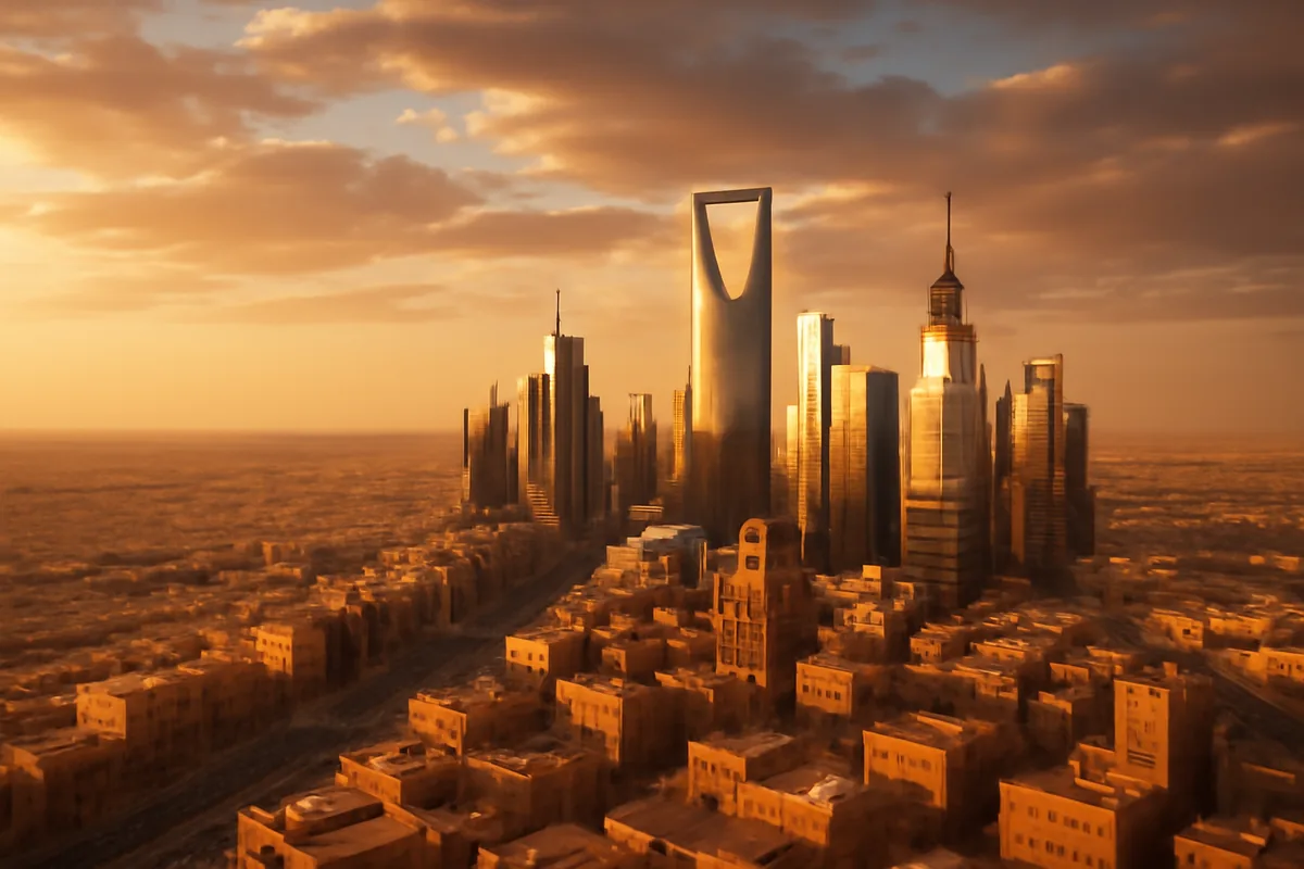 Panoramic view of Riyadh's modern skyline blending with traditional Saudi architecture at golden hour, with the desert stretching into the horizon under a warm amber sky.