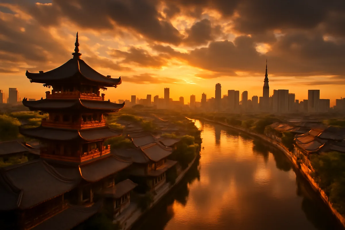 Aerial view of an Asian city at golden hour, showing traditional pagoda rooftops alongside a modern skyline with a river reflecting warm sunset colors