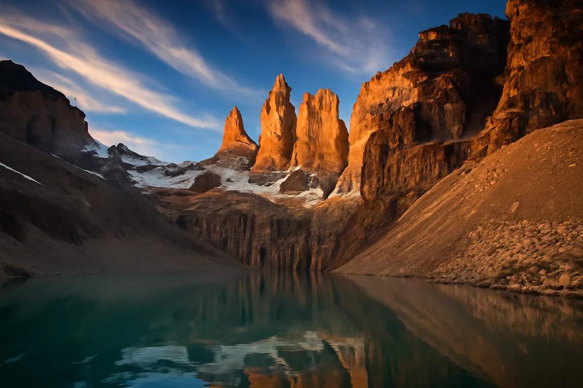 Panoramic view of Torres del Paine granite towers reflected in a turquoise glacial lake in Chilean Patagonia, bathed in golden hour light with dramatic clouds above snow-capped peaks.