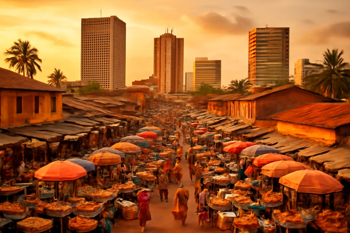 Bustling street scene in Abidjan, Côte d'Ivoire showing colorful traditional market stalls with modern city buildings in the background during golden hour