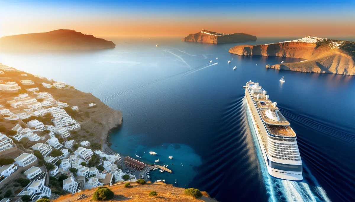 A luxury cruise ship sailing through the pristine blue waters of the Mediterranean Sea with picturesque coastal villages and cliffs visible in the background during golden hour