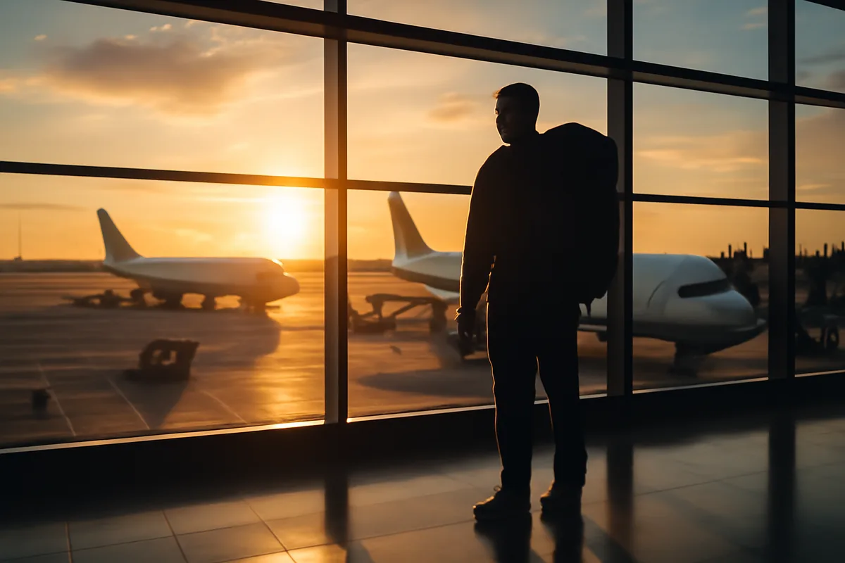 A lone traveler's silhouette standing at an international airport terminal with large windows overlooking planes on the tarmac during golden hour