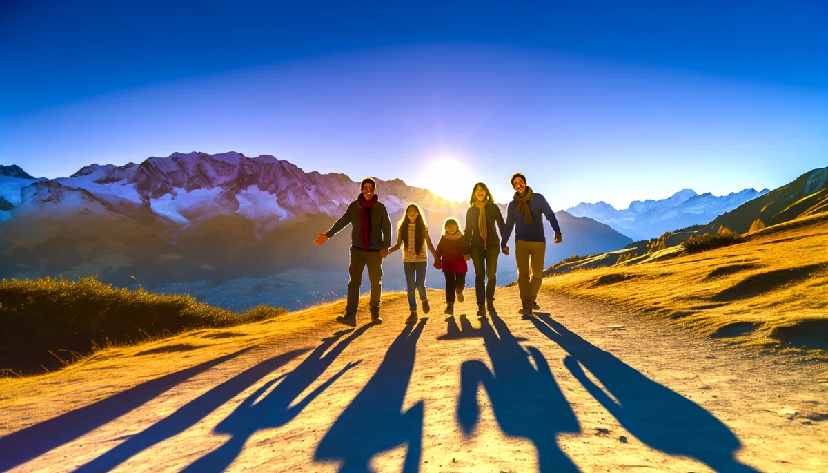 Family silhouettes hiking together on a mountain trail in the French Alps during golden hour