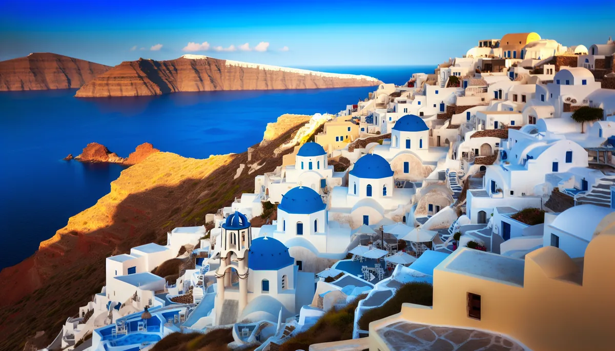 Picturesque Greek island village with white buildings and blue church domes overlooking the azure Aegean Sea at golden hour