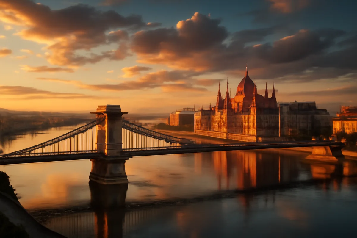 Panoramic view of Budapest at golden hour, featuring the Chain Bridge over the Danube River and the illuminated Hungarian Parliament building reflected in the water.