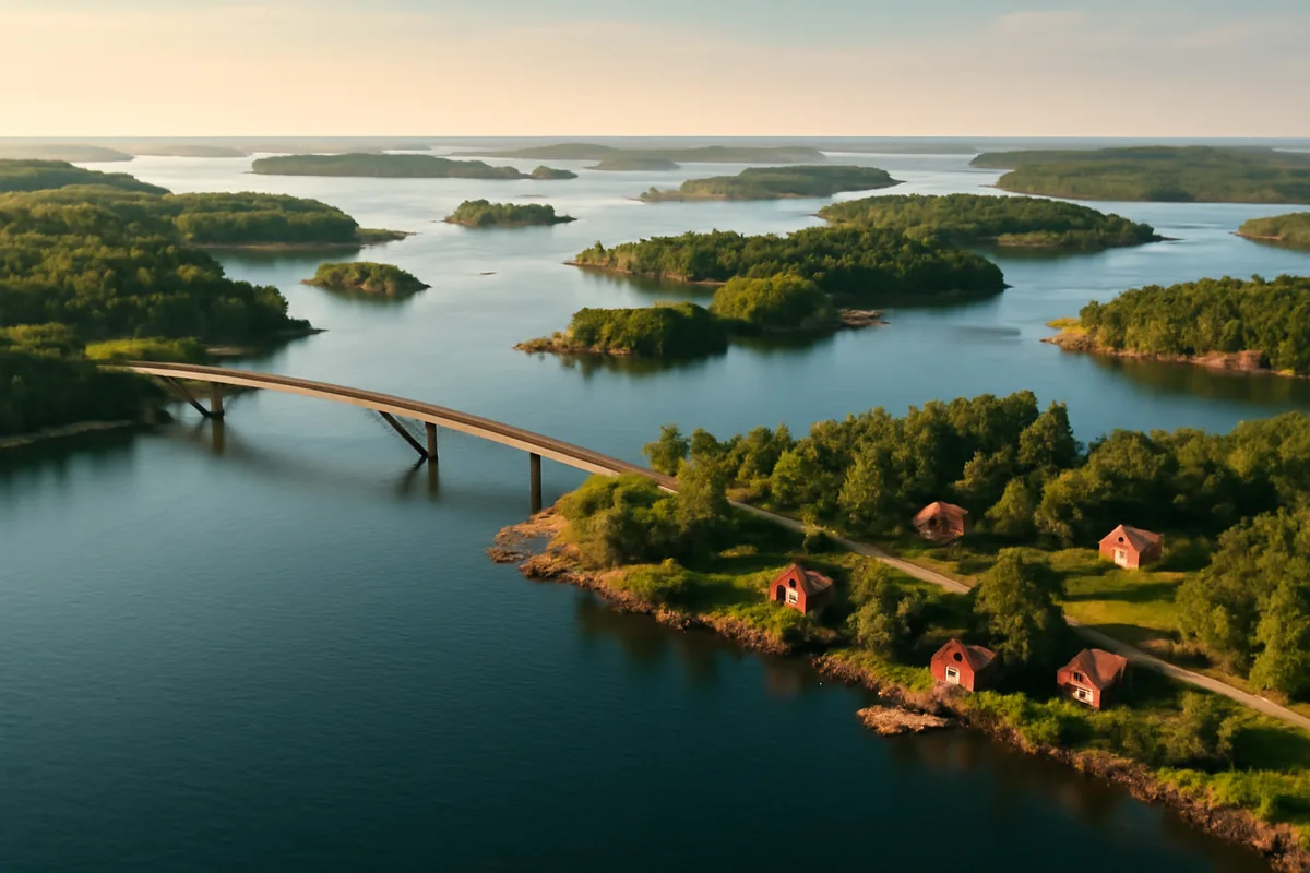 Aerial view of the Åland archipelago showing multiple green islands connected by bridges over blue Baltic Sea waters with traditional Nordic architecture