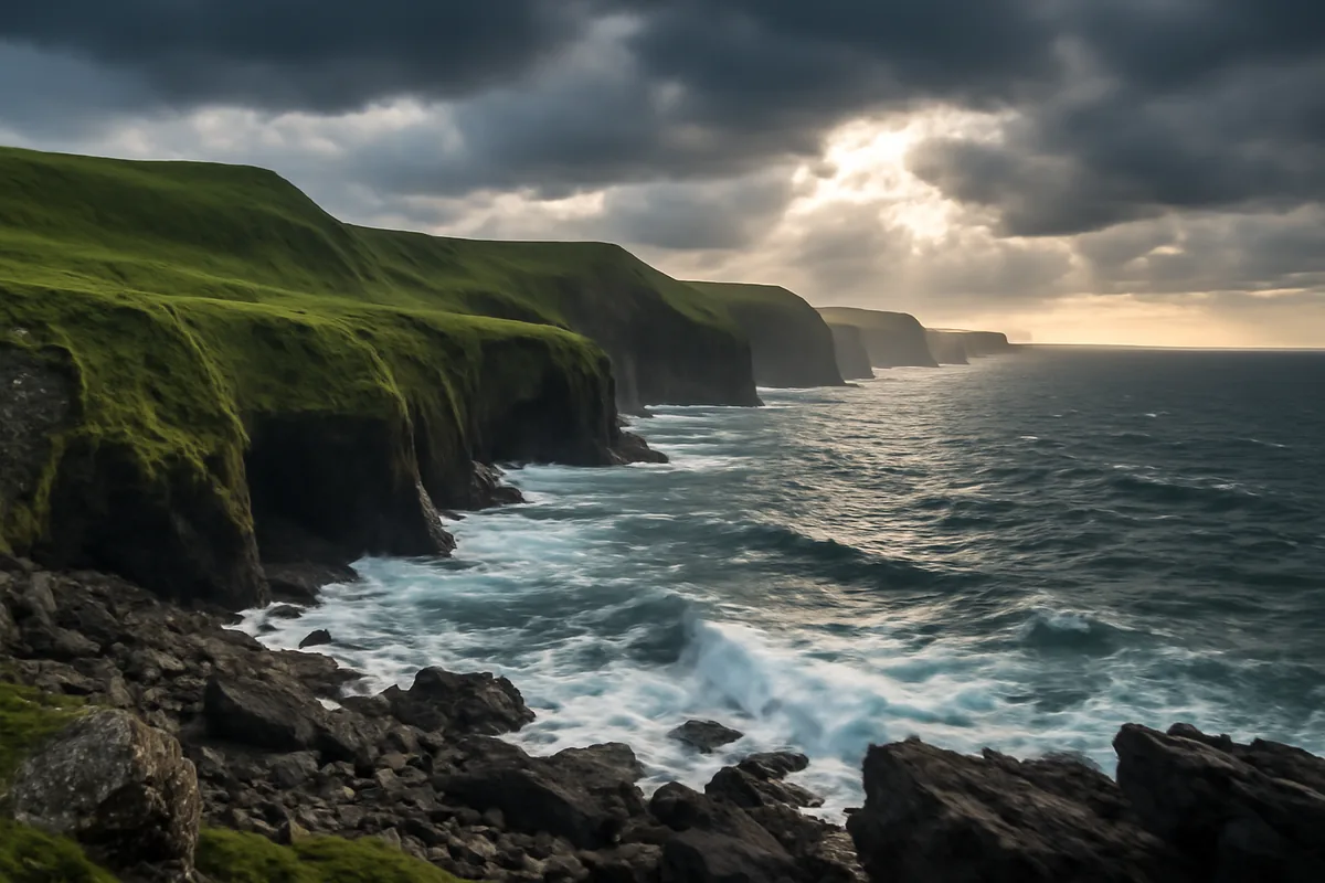 Dramatic Irish coastal cliffs with lush green hills meeting the Atlantic Ocean under a moody golden sky