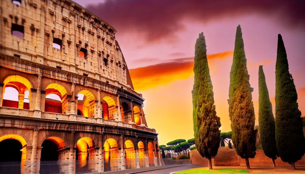The ancient Roman Colosseum photographed during golden hour with warm sunset lighting and cypress trees in the foreground