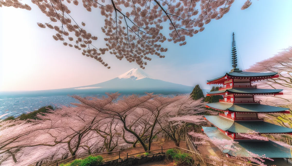 Cherry blossom trees in full bloom surrounding a traditional Japanese pagoda with Mount Fuji in the background during spring hanami season