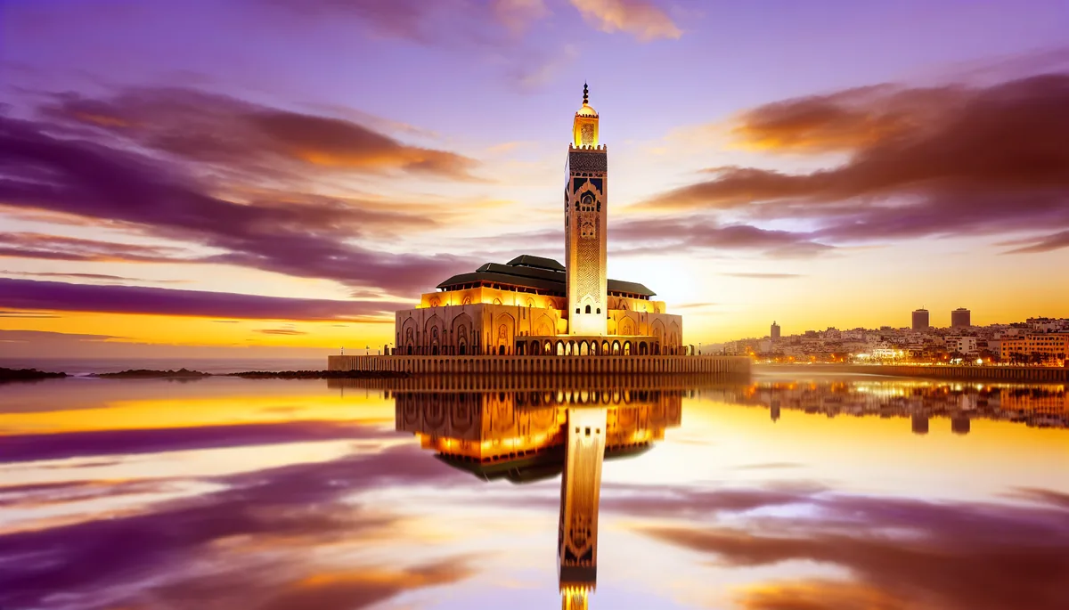 Hassan II Mosque in Casablanca, Morocco at sunset with golden reflections in the water and dramatic purple sky