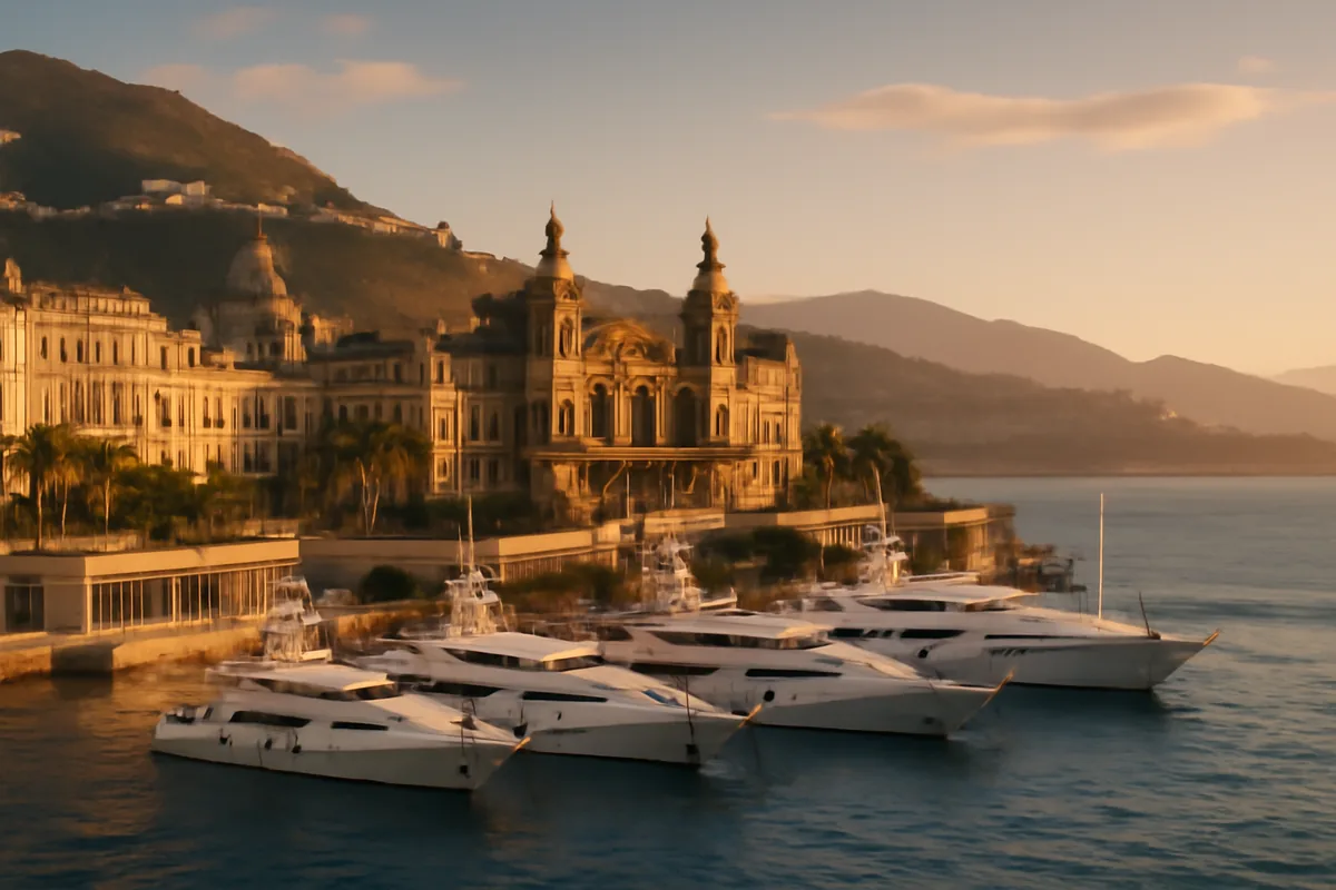 Panoramic view of Monaco's Monte Carlo district with the famous casino building and luxury marina filled with yachts against the Mediterranean coastline