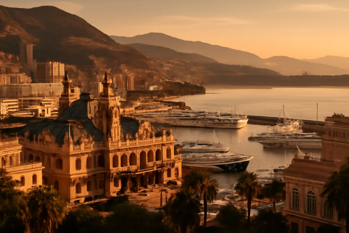 Aerial view of Monaco's Monte Carlo district showing the famous casino, luxury marina with superyachts, and Mediterranean coastline with the French Riviera visible in the background during golden hour