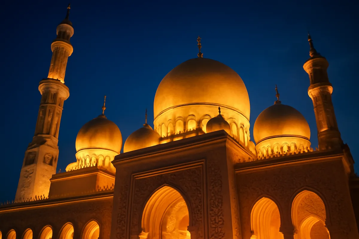 Stunning Middle Eastern mosque with golden domes and tall minarets photographed during blue hour with warm lighting highlighting architectural details