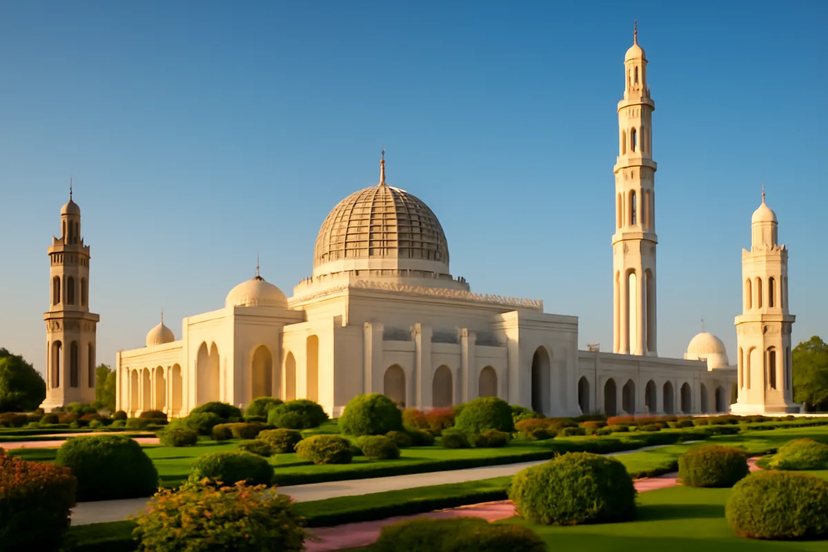 The iconic Sultan Qaboos Grand Mosque in Muscat, Oman, with its gleaming white marble domes and elegant minarets surrounded by manicured gardens under a golden evening sky.