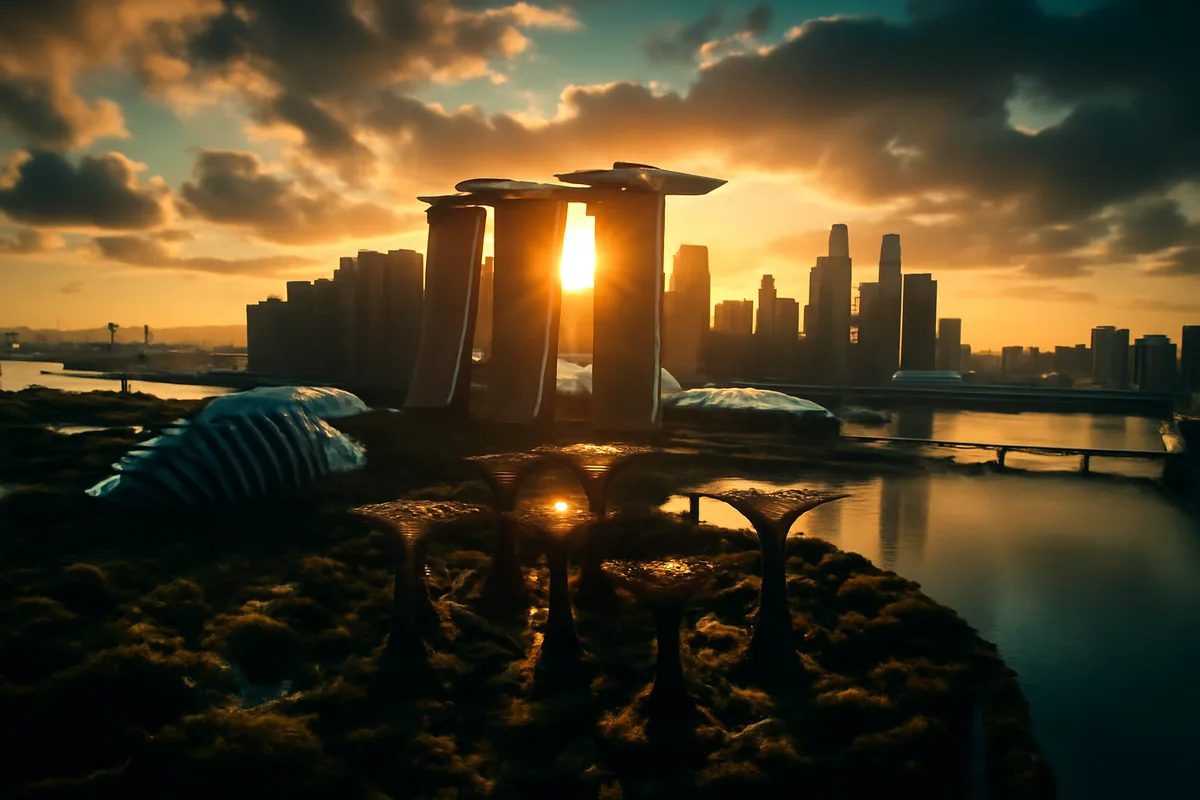 Aerial panoramic view of Singapore's Marina Bay skyline at sunset, featuring the iconic Supertree Grove and futuristic skyscrapers reflected in the calm bay waters under a warm golden sky.