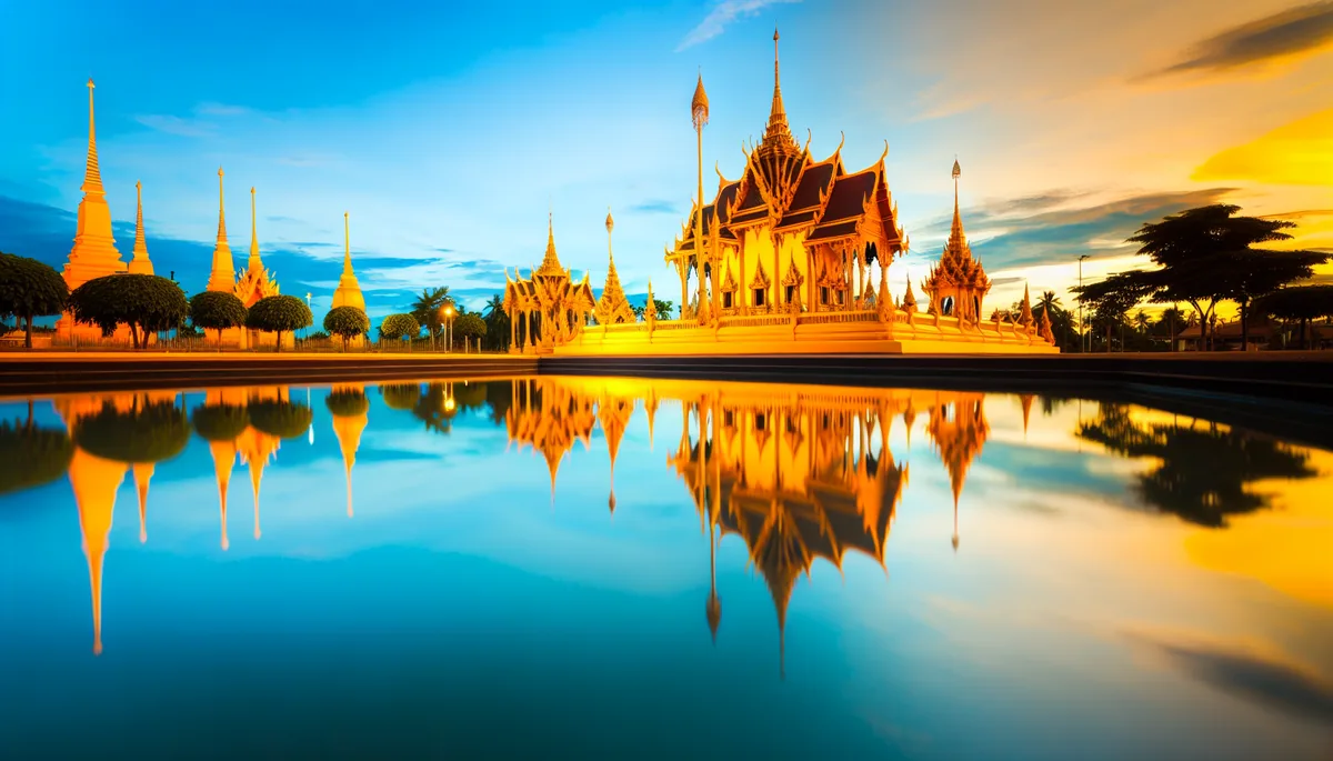 Golden Buddhist temple with ornate spires reflecting in calm water under a clear blue sky in Thailand