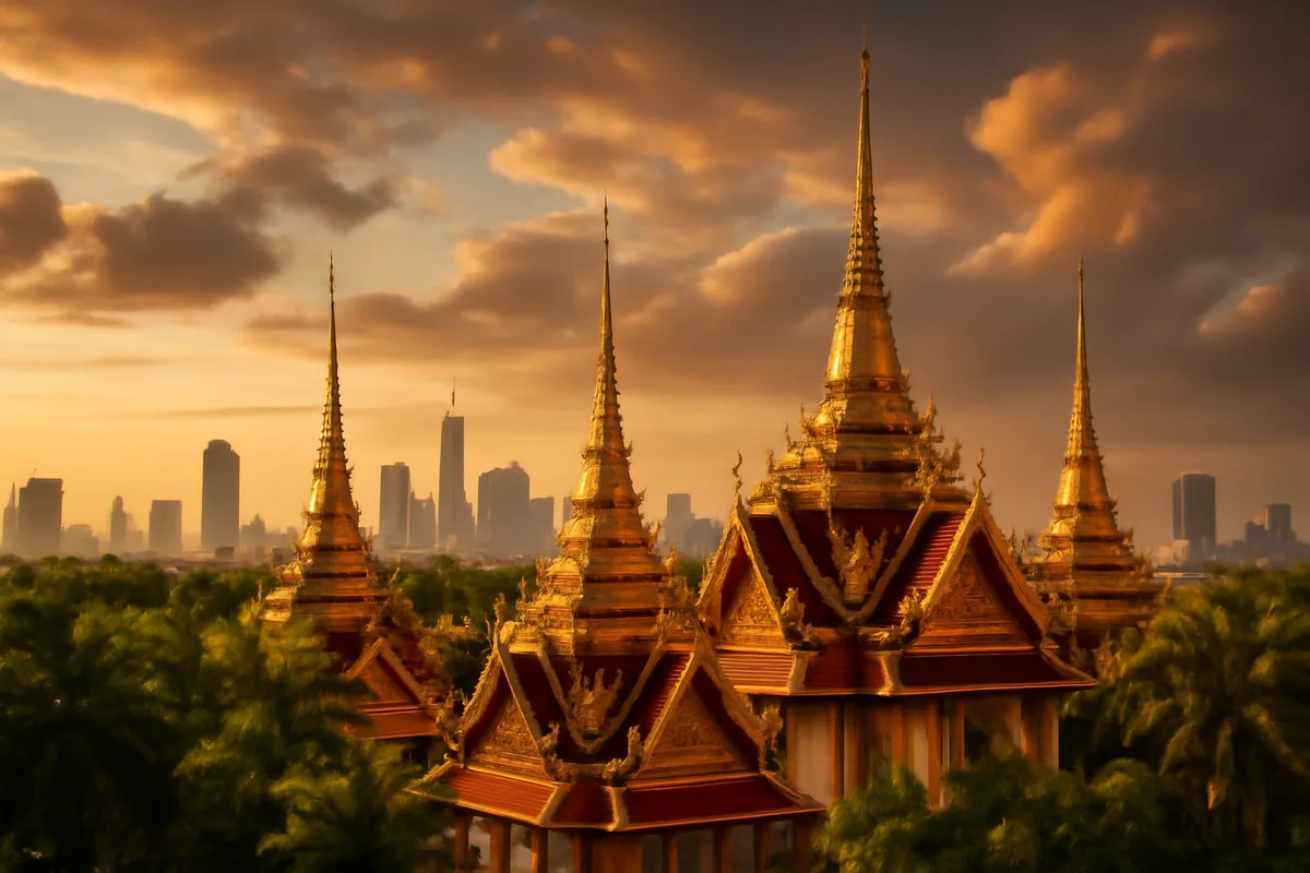 Golden Buddhist temple spires surrounded by tropical palm trees in Bangkok, Thailand, photographed at golden hour with warm amber lighting
