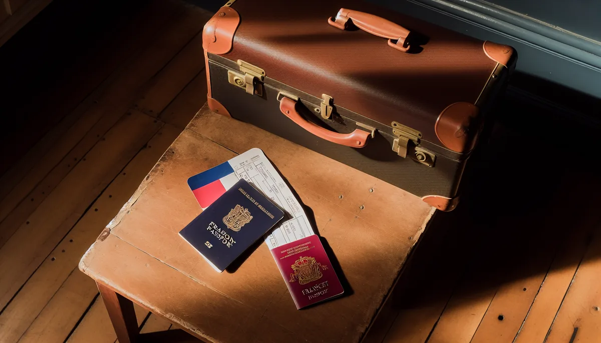 Overhead view of travel planning essentials including a French passport, boarding passes, and vintage suitcase on a wooden surface with natural lighting