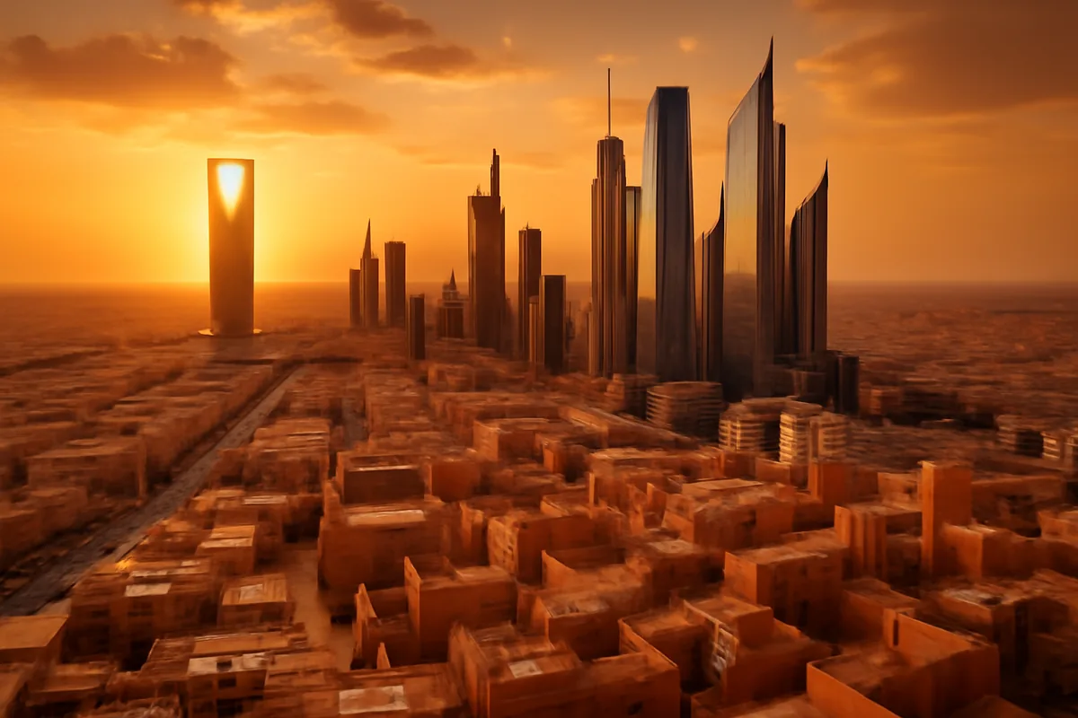 Panoramic view of the Riyadh skyline at sunset, with modern skyscrapers and traditional Saudi architecture bathed in warm golden light against a desert horizon.