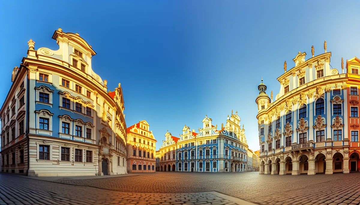 Beautiful European city square with historic colorful buildings and cobblestone streets bathed in golden hour sunlight