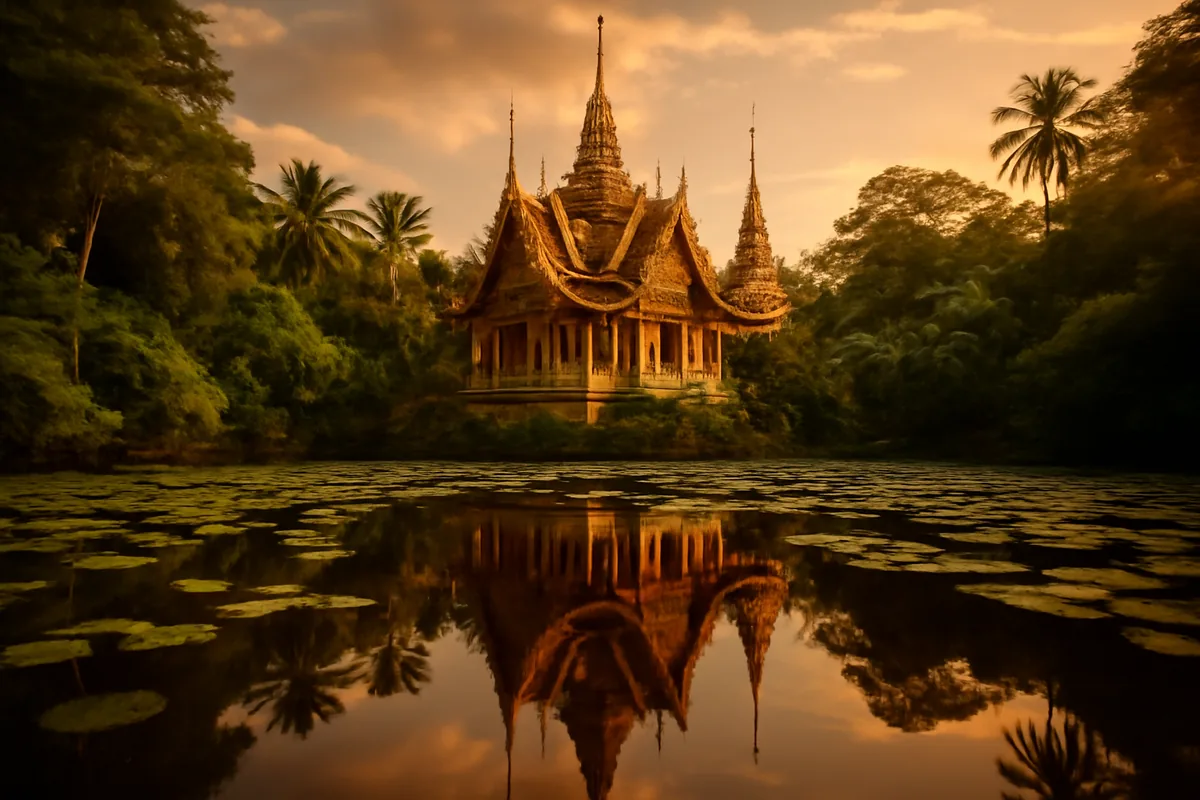 A stunning golden Buddhist temple surrounded by tropical greenery in Thailand, reflected in a calm lotus pond at golden hour