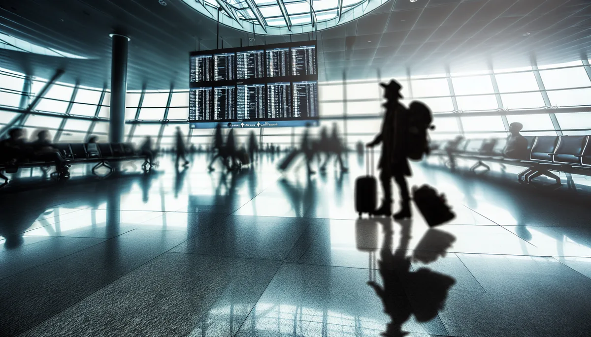 Silhouette of a traveler standing in an airport terminal with departure boards and other passengers blurred in the background, conveying travel difficulties and challenges