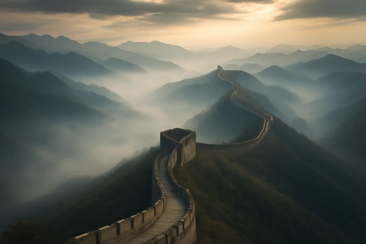 Aerial view of the Great Wall of China stretching across misty mountain ridges at dawn, with golden light breaking through morning fog