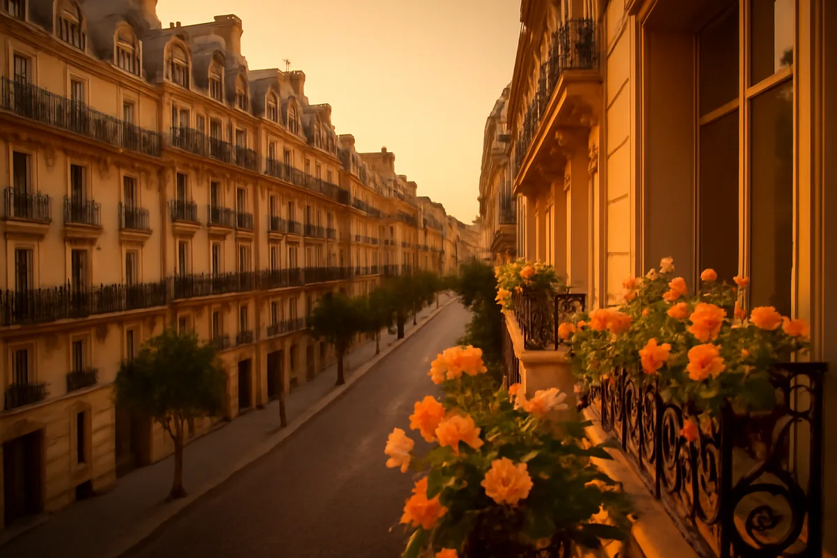 A sunlit Parisian boulevard lined with classic Haussmann-style buildings featuring ornate balconies adorned with colorful flower boxes, bathed in warm golden hour light.