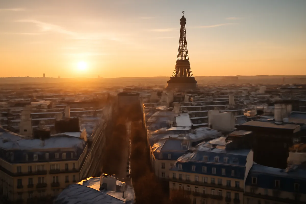 Aerial view of Paris rooftops at golden hour with the Eiffel Tower rising above classic Haussmann-style buildings under a warm amber and blue twilight sky.