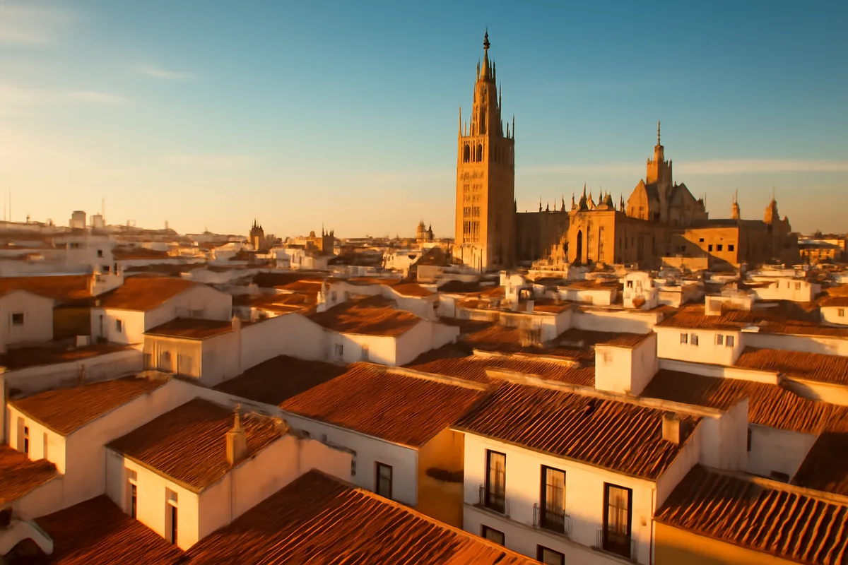Sun-drenched Spanish cityscape featuring terracotta rooftops and a cathedral spire under a warm golden hour sky