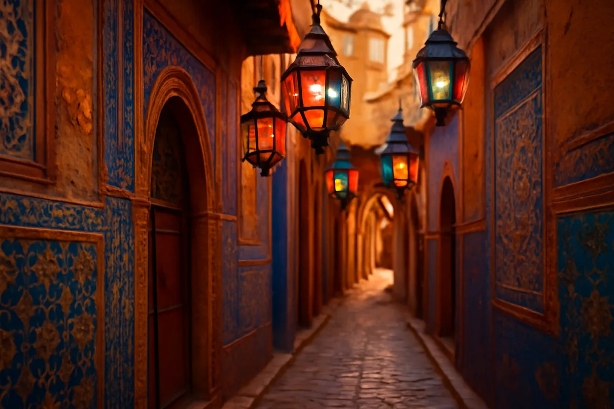 A narrow, atmospheric alleyway in a Moroccan medina adorned with colorful hanging lanterns and ornate tilework bathed in warm golden light