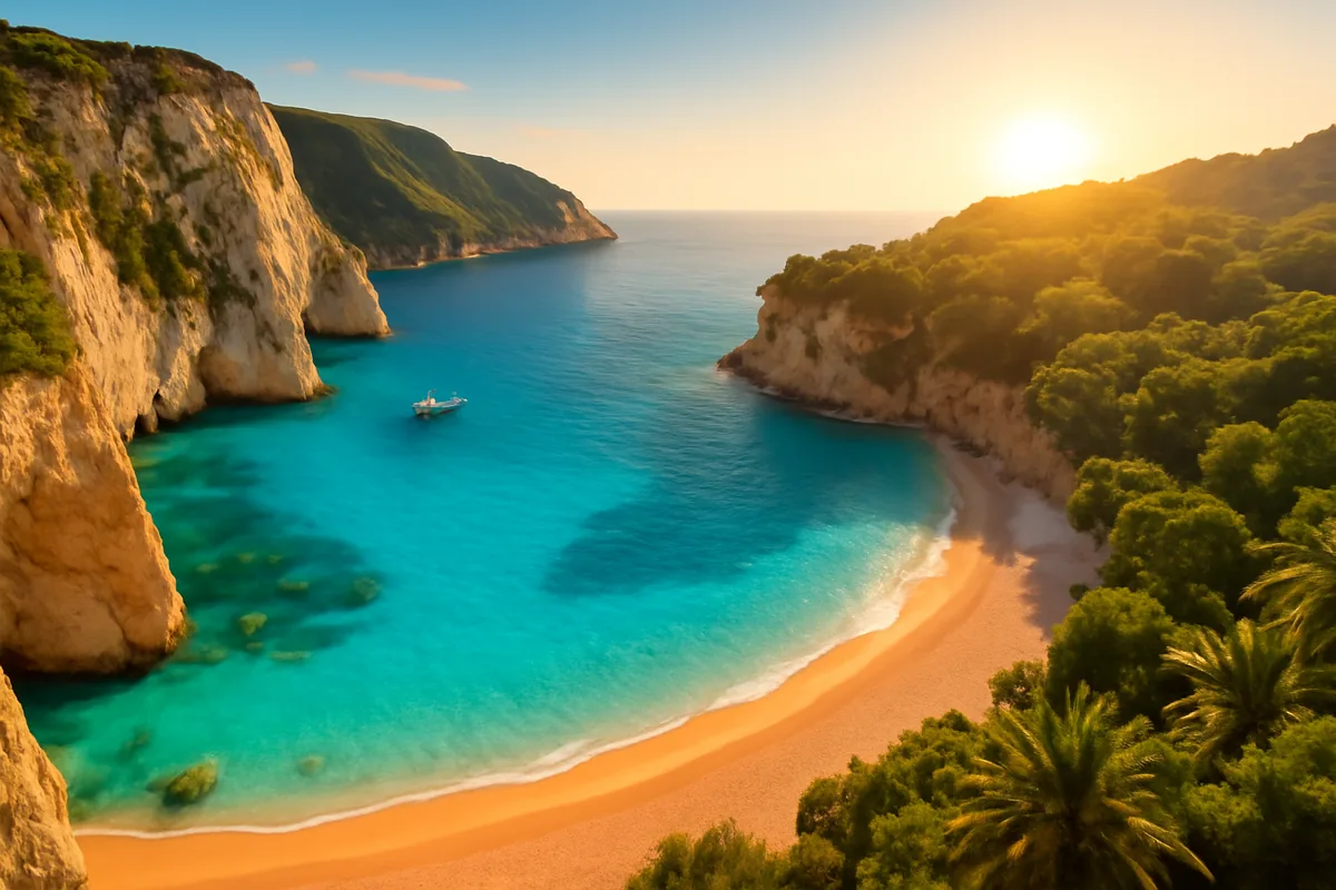 A breathtaking summer travel scene featuring a turquoise Mediterranean cove with dramatic cliffs, a pristine sandy beach, and crystal-clear water bathed in warm golden hour sunlight.