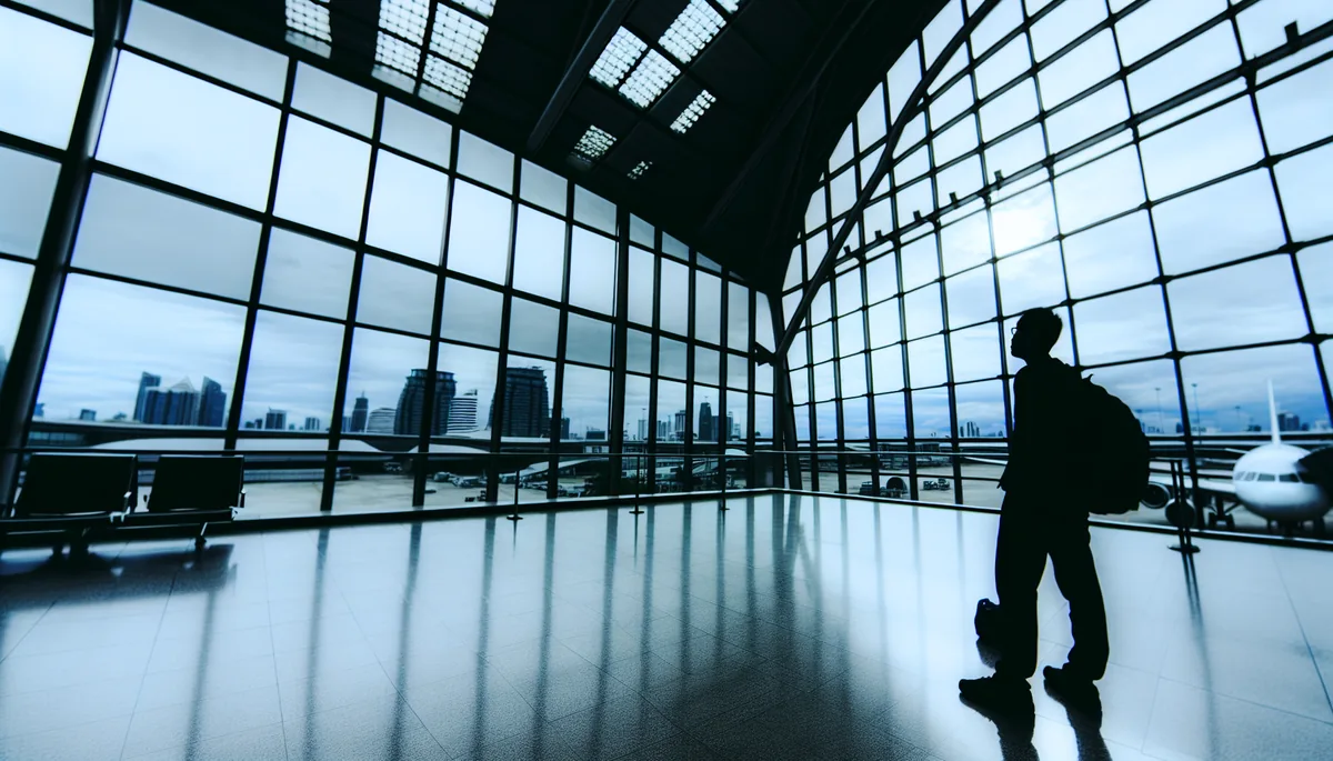 Silhouette of a traveler standing alone at a modern airport terminal with Bangkok city skyline visible through large windows