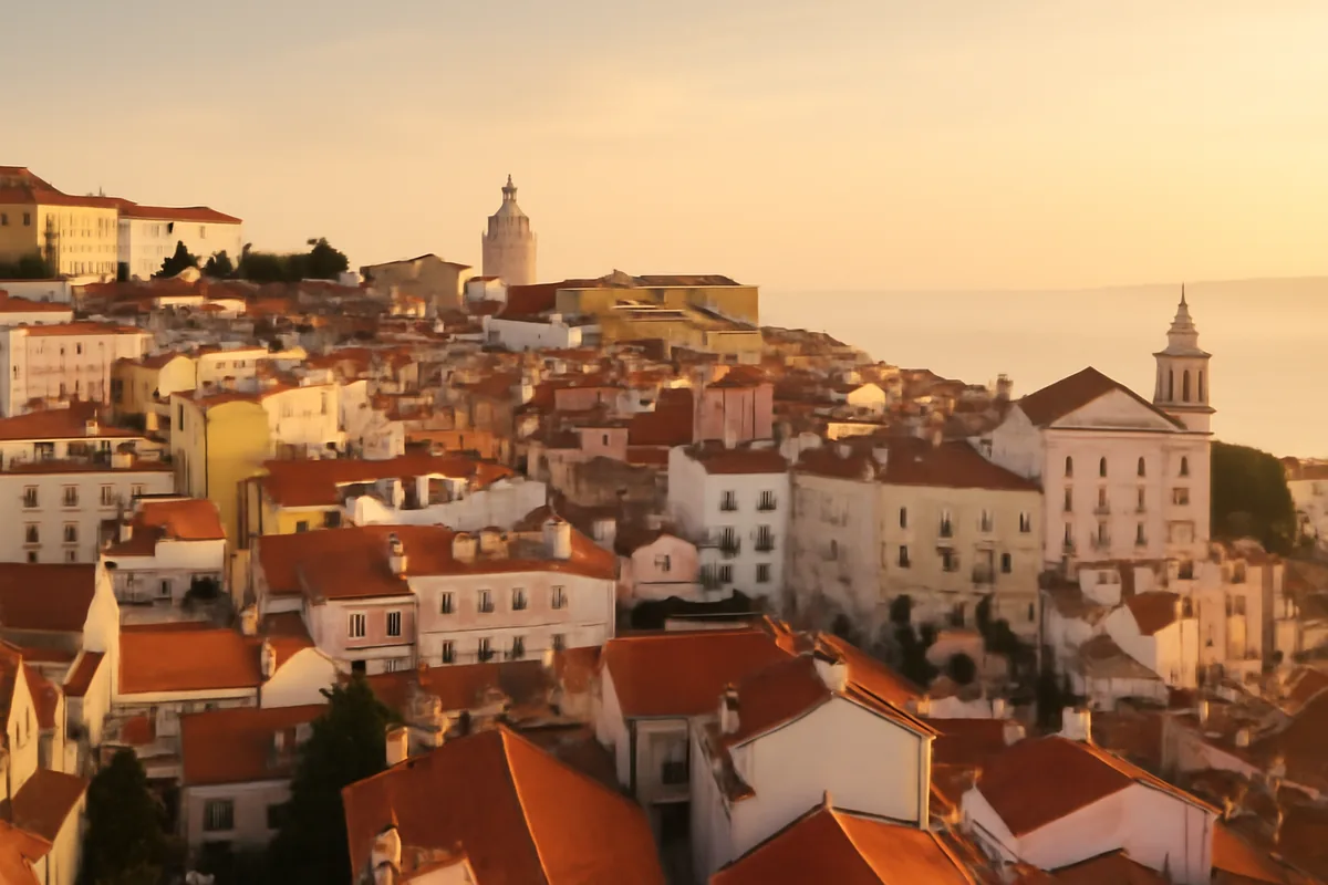 Panoramic aerial view of Lisbon, Portugal, with terracotta rooftops and white buildings descending toward the Tagus River at golden hour