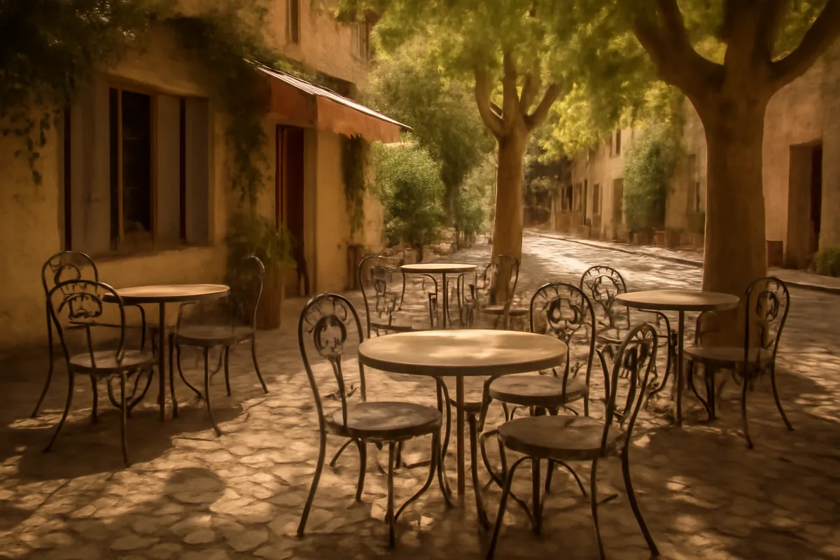 A sunlit outdoor café terrace in a picturesque French village, with cobblestone streets, wrought iron furniture, and dappled light through plane trees creating a warm, inviting atmosphere.