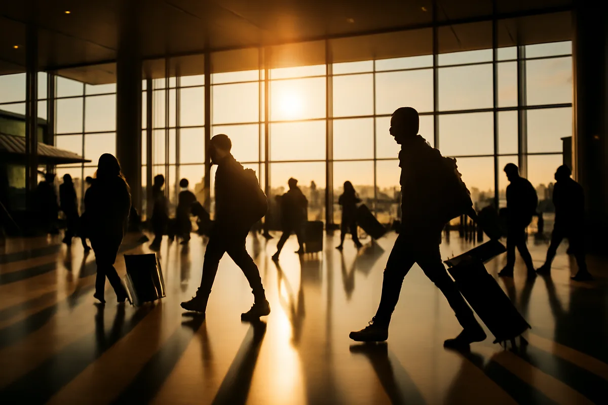 A bright and modern international airport terminal with large windows, sunlight streaming in, and distant silhouettes of travelers moving through the concourse.
