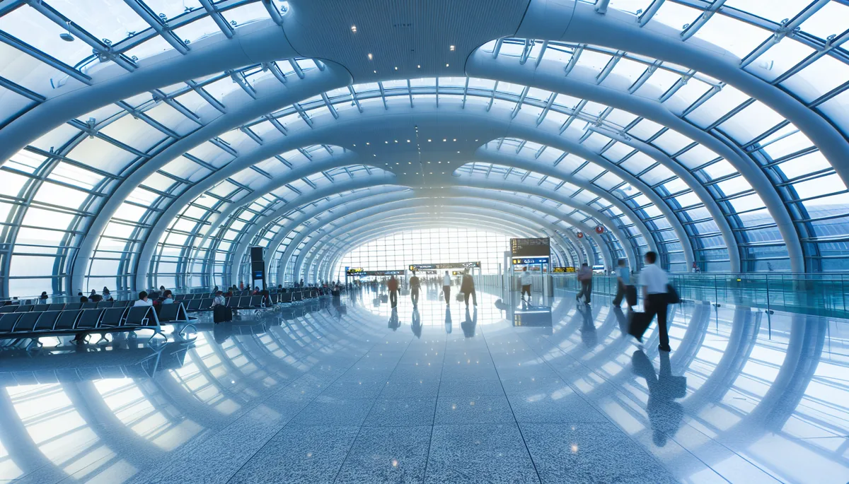 Modern airport terminal with travelers walking through bright, spacious corridors with contemporary glass architecture