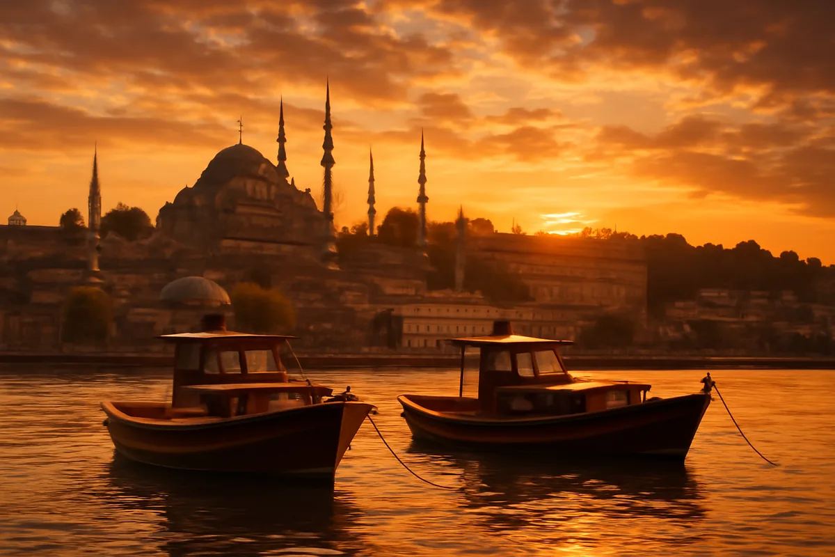 Panoramic view of Istanbul's iconic skyline with domed mosques and minarets reflected in the Bosphorus strait at golden hour, with traditional boats in the foreground