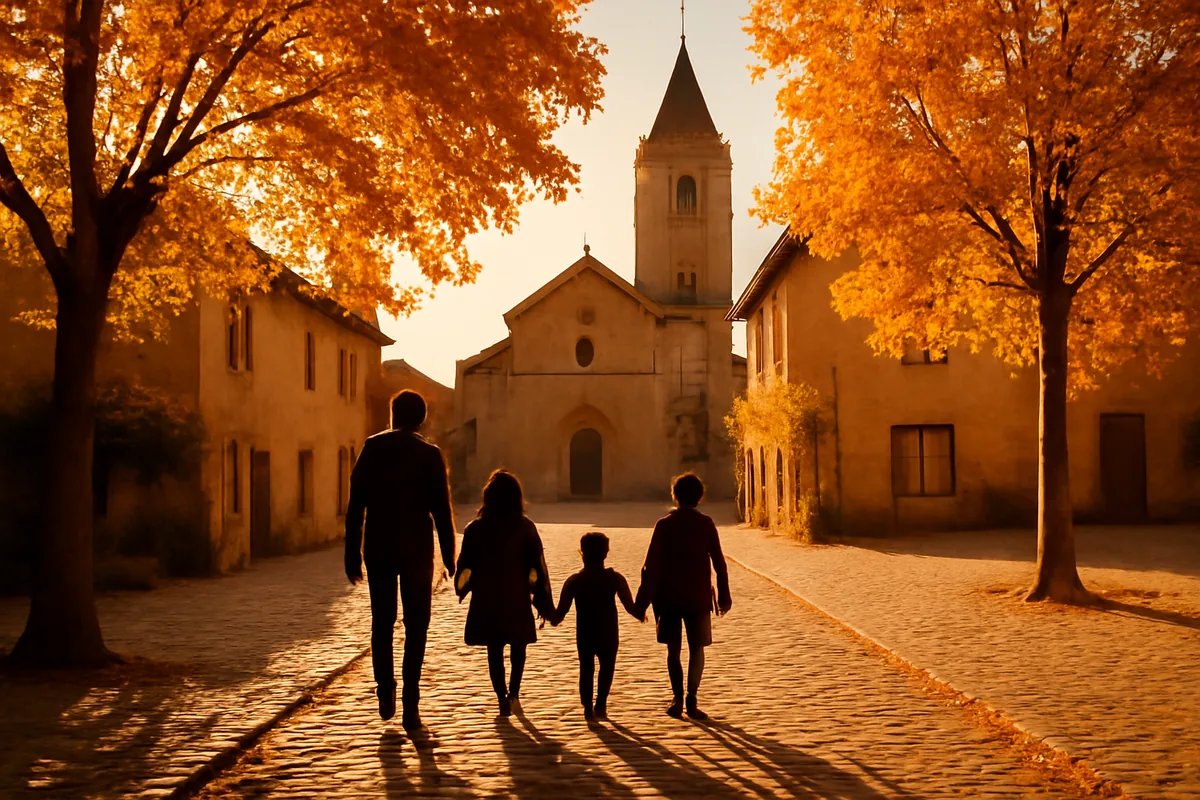 A picturesque European village square in autumn, with golden foliage, cobblestone streets, and warm late October sunlight illuminating historic architecture.