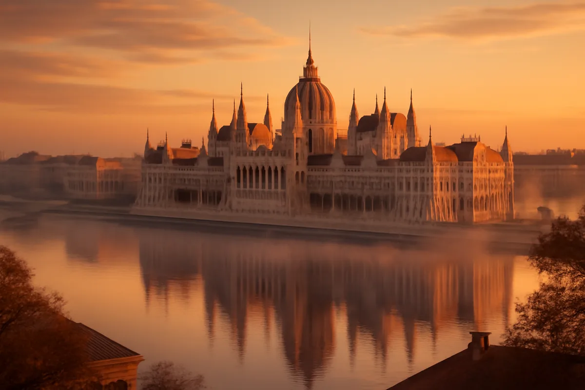 Panoramic golden hour view of the Hungarian Parliament Building reflected in the Danube River in Budapest, with warm amber light illuminating the ornate architecture