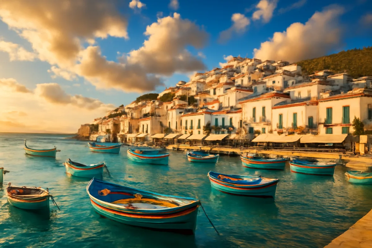 A picturesque Mediterranean coastal village with colorful fishing boats in a turquoise harbor, whitewashed buildings on a hillside under a warm golden sky